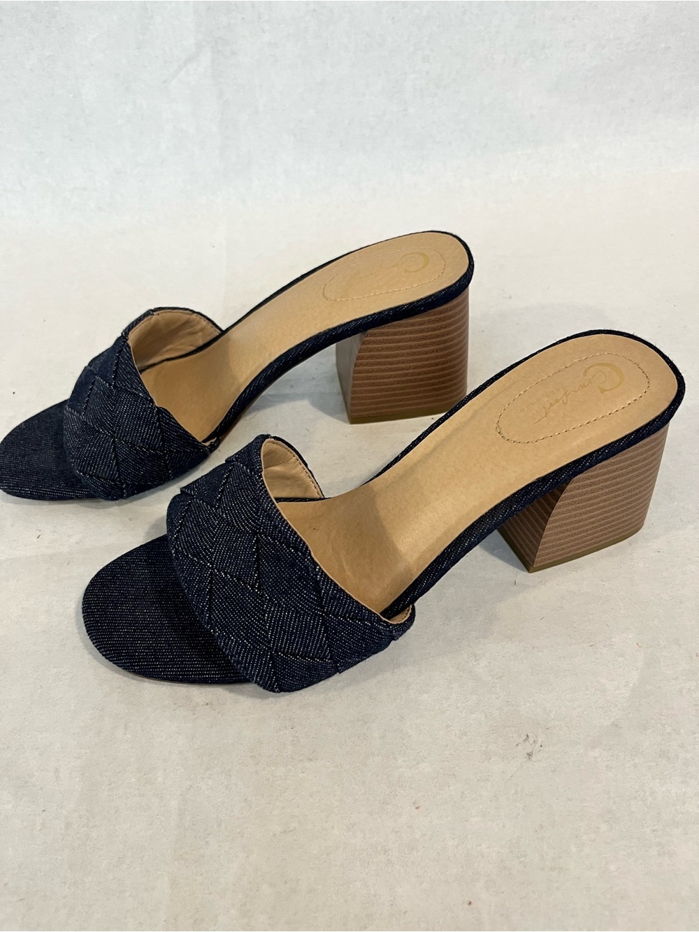 Quilted Navy Open-Toe Block Heel Mules for Women